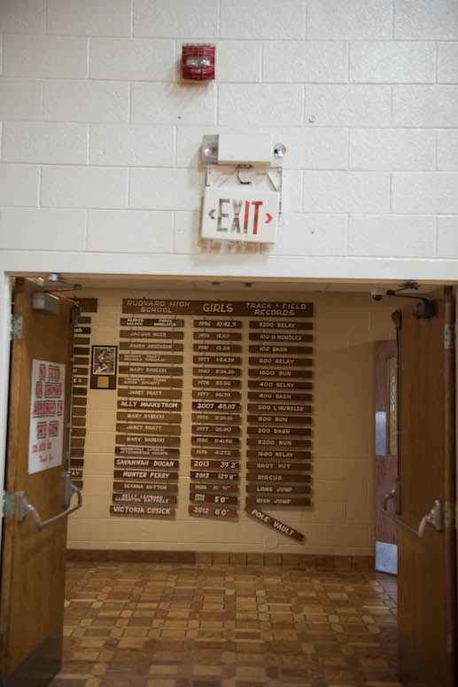 A wall in a schoolhouse in Rudyard A modest sports decorates the hallway at the lone schoolhouse in Rudyard.