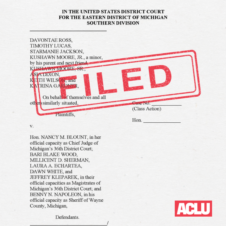 First page of lawsuit with filed stamp in red